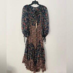 Free People Floral Mixed Print Chiffon Maxi Dress - Boho Tassel Tie